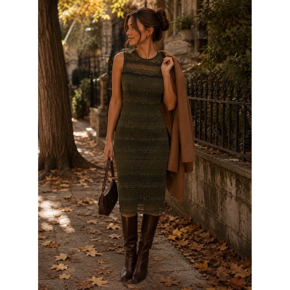 Elie Tahari Olive Green Fringe Tassel Lace Dress Size 2‎ Elegant Statement Piece
